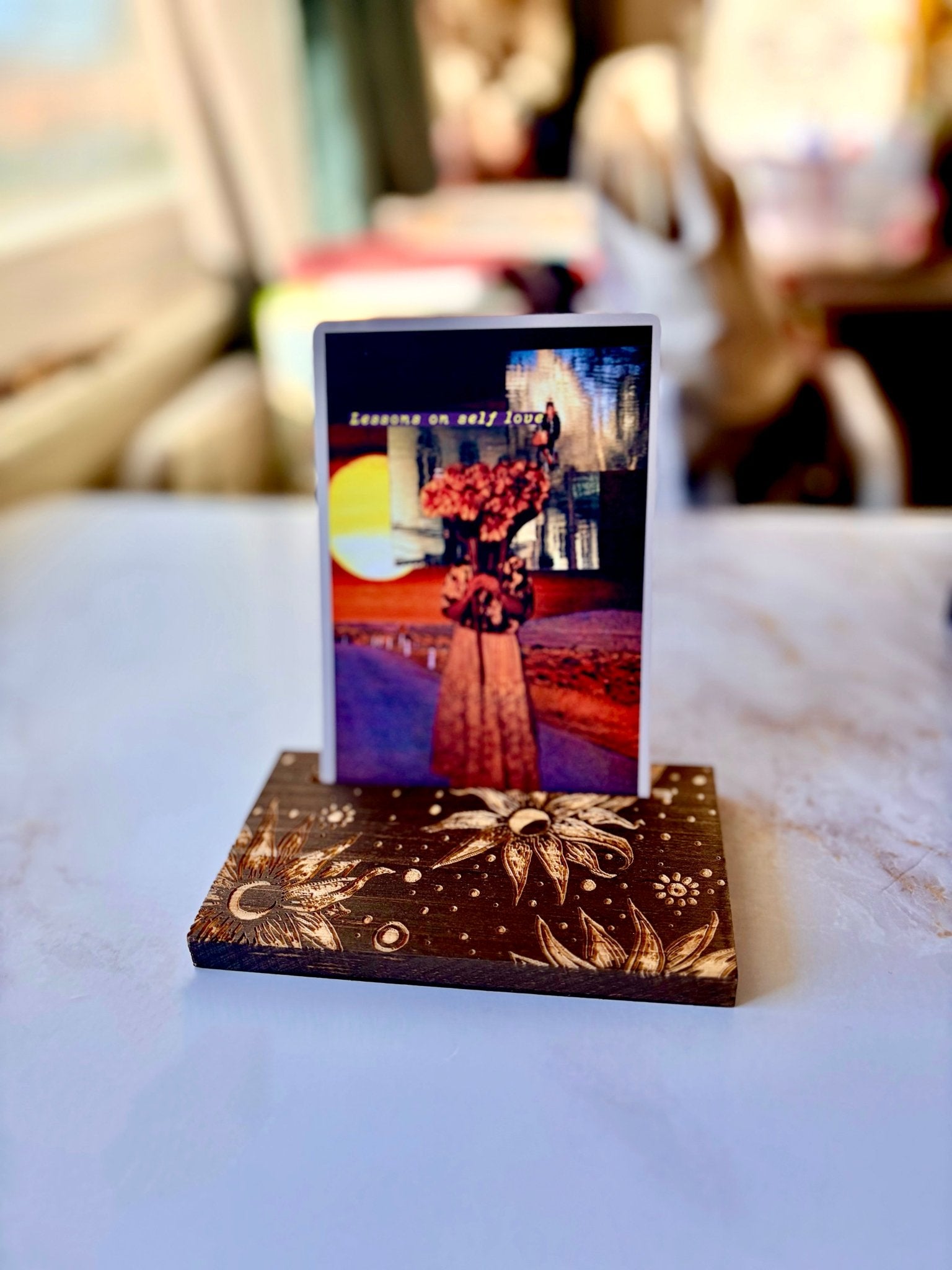 Moonflowers Wooden Cardholder One Card Display Stand - A Riffle In Time