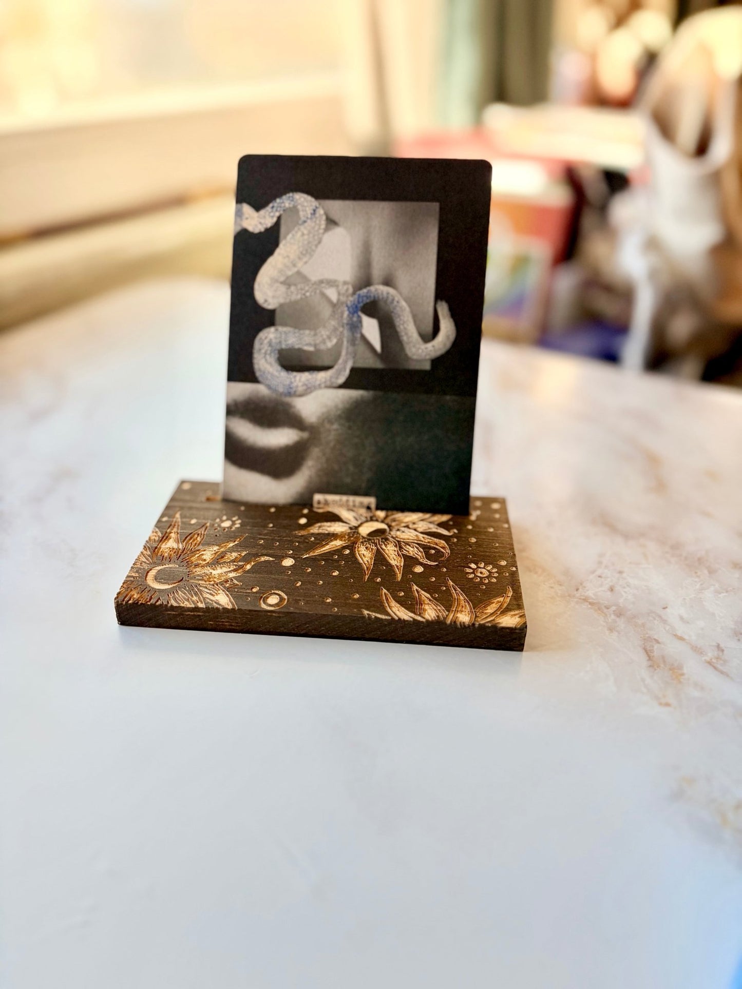 Moonflowers Wooden Cardholder One Card Display Stand - A Riffle In Time